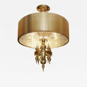 Small Hollywood Regency Style Brass Pendant / Chandelier, Starburst Etched Glass