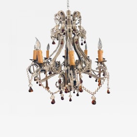 Eight Light Beaded Chandelier with Colored Tear Drop Prisms, circa 1960