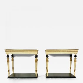 Pair of Maison Jansen Console Tables, Neoclassical, Marble Top, Paint Decorated