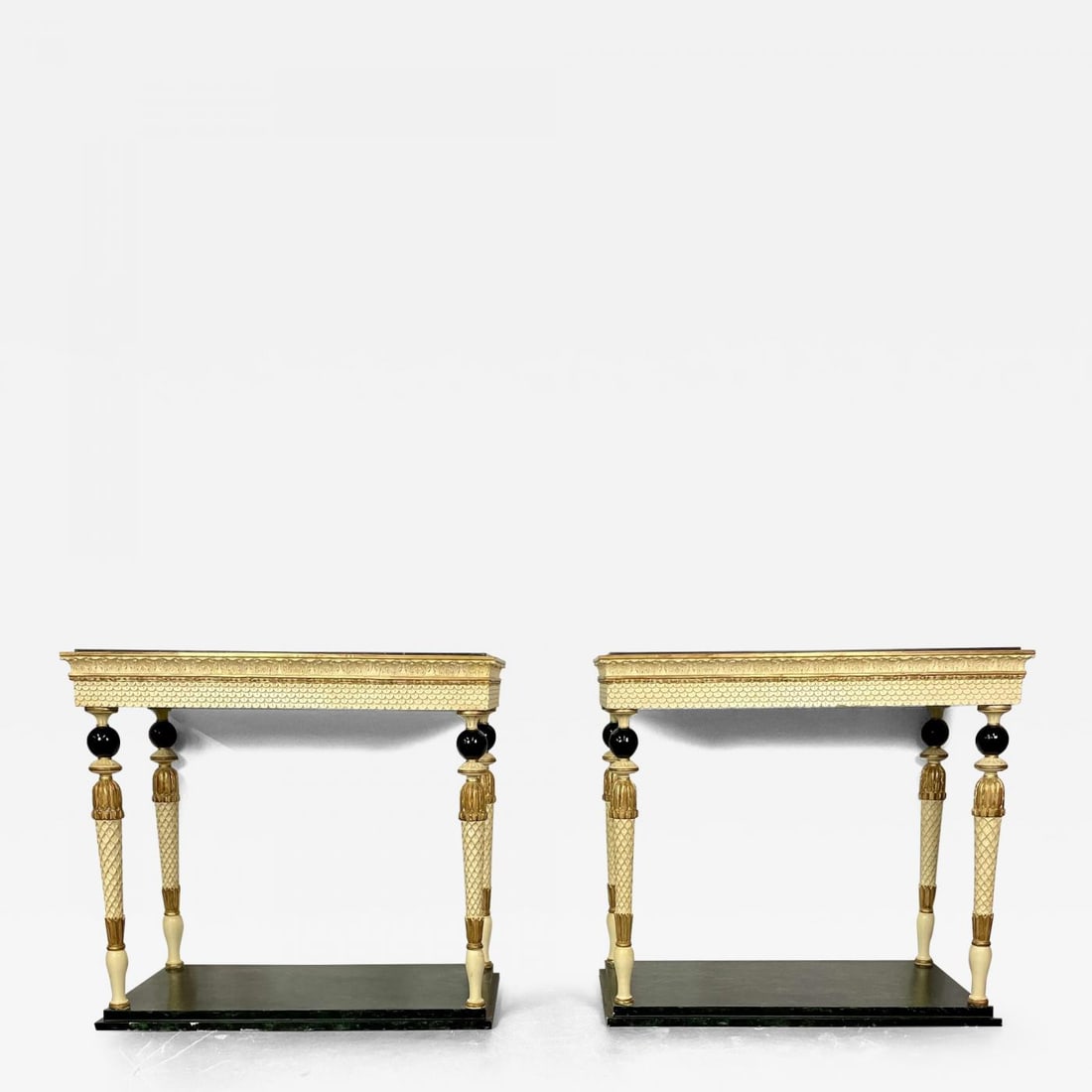 Pair of Maison Jansen Console Tables, Neoclassical, Marble Top, Paint Decorated: Pair of Maison Jansen Console Tables, Neoclassical, Marble Top, Paint Decorated Pair of Maison Jansen Console Tables, Neoclassical, Marble Top, Paint Decorated Attributed to Maison Jansen as seen on p