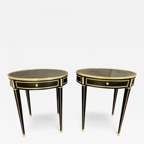 Hollywood Regency Ebony Bouillotte or End Tables, Manner Jansen Mirror Tops Pair