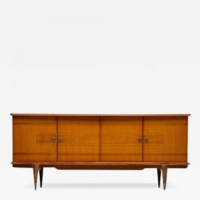French Mid-Century Modern, Sideboard, Cuban Mahogany, Sycamore, Brass, 1940s