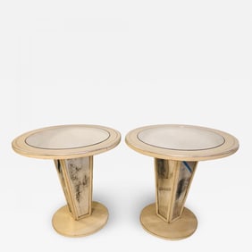 Hollywood Regency Paint Decorated Mirrored Side, End or Lamp Tables, a Pair