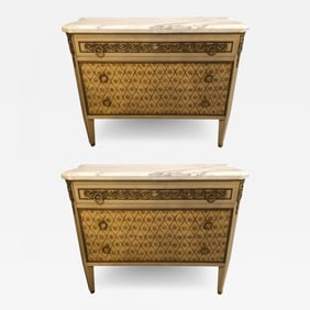 Hollywood Regency Maison Jansen Style Bronze Mounted Commodes Chests Nightstands