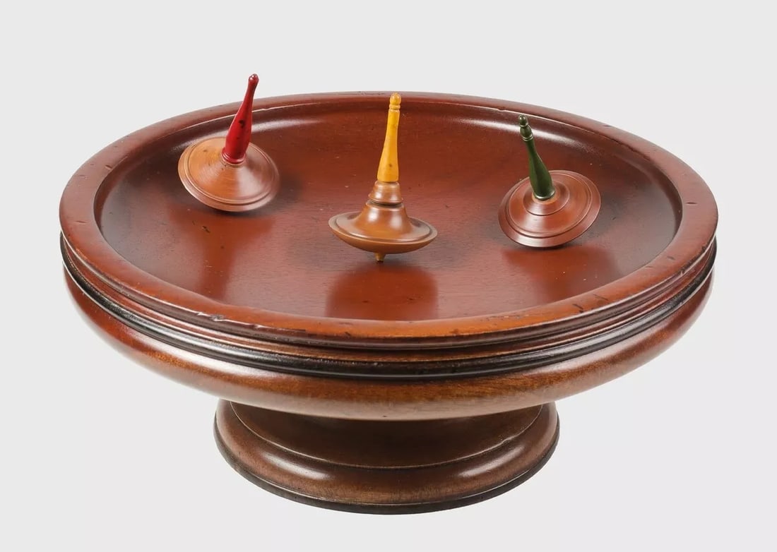 Mahogany Wood Spinning Top Bowl w 3 Tops: 9.75” x 9.75 Wonderful decorative handmade reproduction spinning top bowl. Nice mahogany turned wood bowl and spinning tops. Makes a wonderful display in any home setting! Slightly distressed to