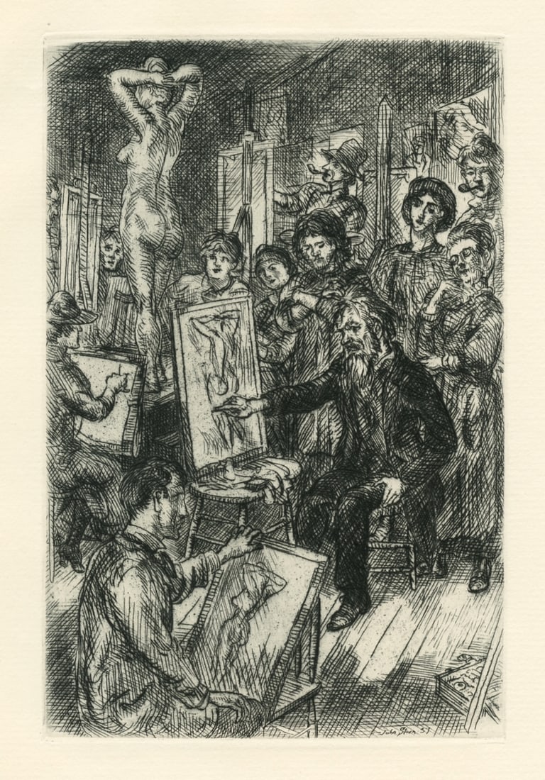 John Sloan original etching | Of Human Bondage: Medium: original etching. Executed by John Sloan to illustrate the Somerset Maugham classic "Of Human Bondage" and issued in 1938 in a limited edition of 1500 by the Yale University Press for members