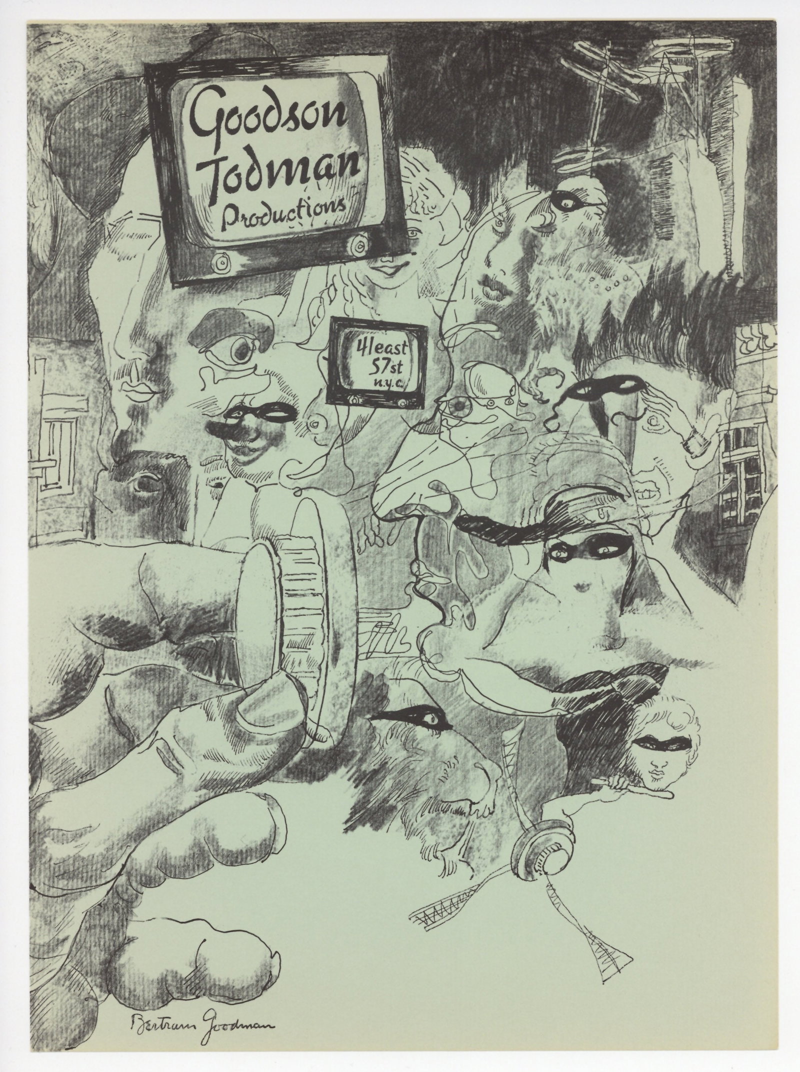 Bertram Goodman original lithograph: Medium: original lithograph. This lithograph was printed in 1957 for the "Improvisations" portfolio, published by the Artists Equity Association of New York on the occasion of the 1957 Spring Fantasia