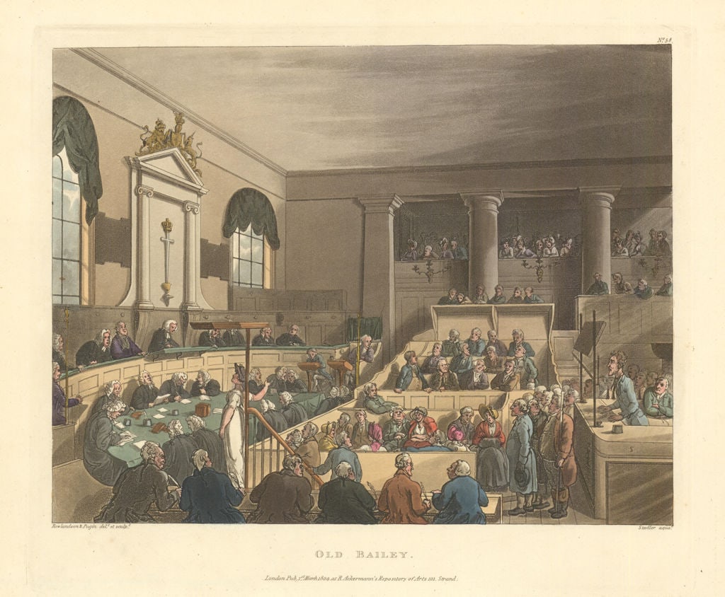Old Bailey. Aquatint by Pugin/Rowlandson/Ackermann 1808 antique print: CAPTION PRINTED BELOW PICTURE: 'Old Bailey' DATE PRINTED: 1808 IMAGE SIZE: Approx 26.0 x 33.0cm, 10 x 12.75 inches (Large) TYPE: Antique aquatint print CONDITION: Good; suitable for framing. Pl