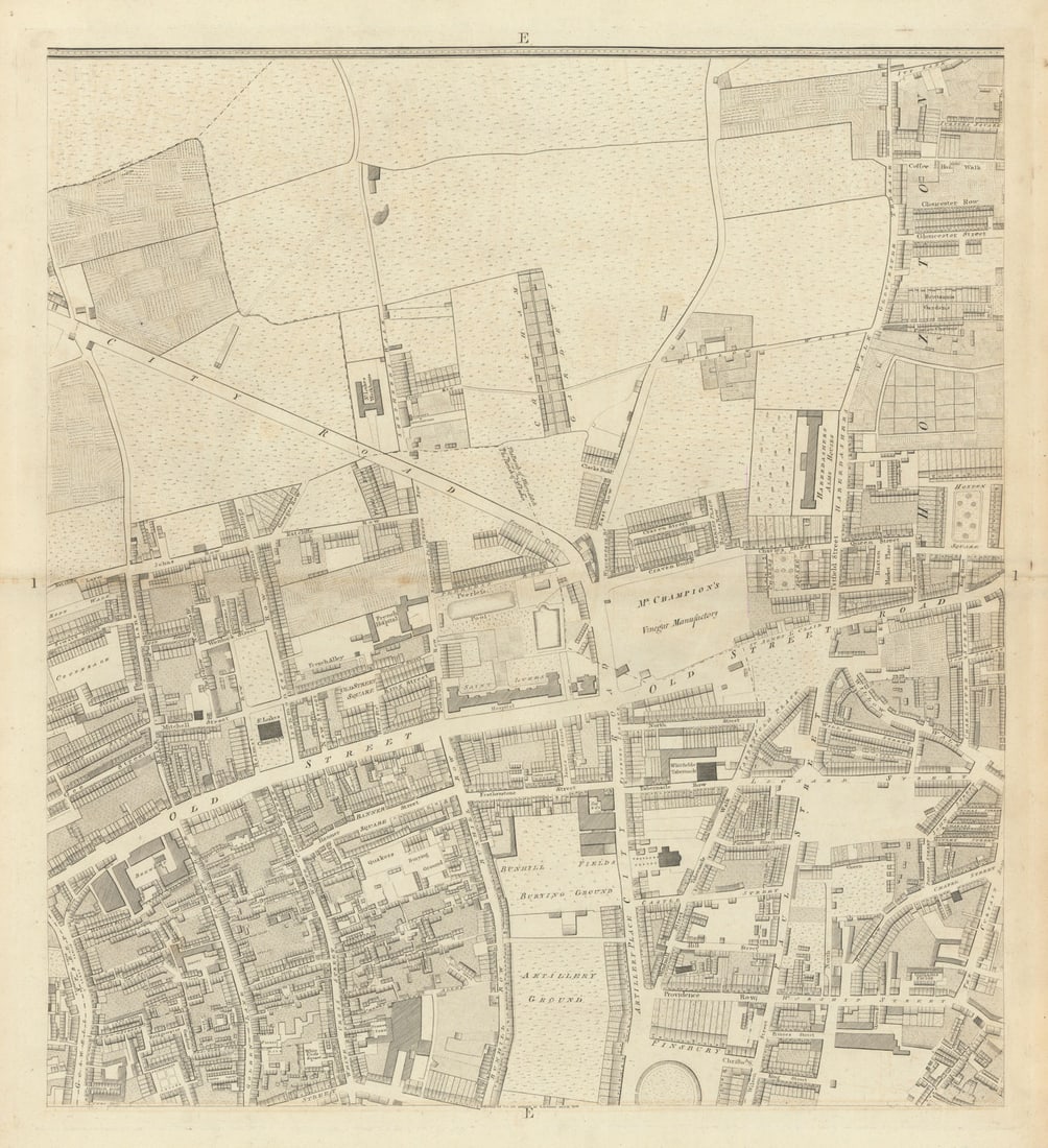 Horwood London E1 Old Street Hoxton City Road Finsbury Bunhill Fields 1799 map: CAPTION PRINTED BELOW PICTURE: 'Sheet E1 - Old Street, Hoxton Square, City Road, Finsbury, Bunhill Fields' DATE PRINTED: 1799 IMAGE SIZE: Approx 59.5 x 54.5cm, 23.5 x 21.25 inches (Large); Please note