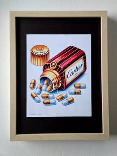 Chiara Bellini + "Cartier Comfort Pills" Original Hand Signed Print Ltd Ed | COA: Cartier Comfort Pills by Chiara Bellini Series: Shopping Therapy Artist: Chiara Bellini Title: Chanel Comfort Pills Edition: Limited edition of 50 Size: 17x13in Framed Medium: Giclée print on hig