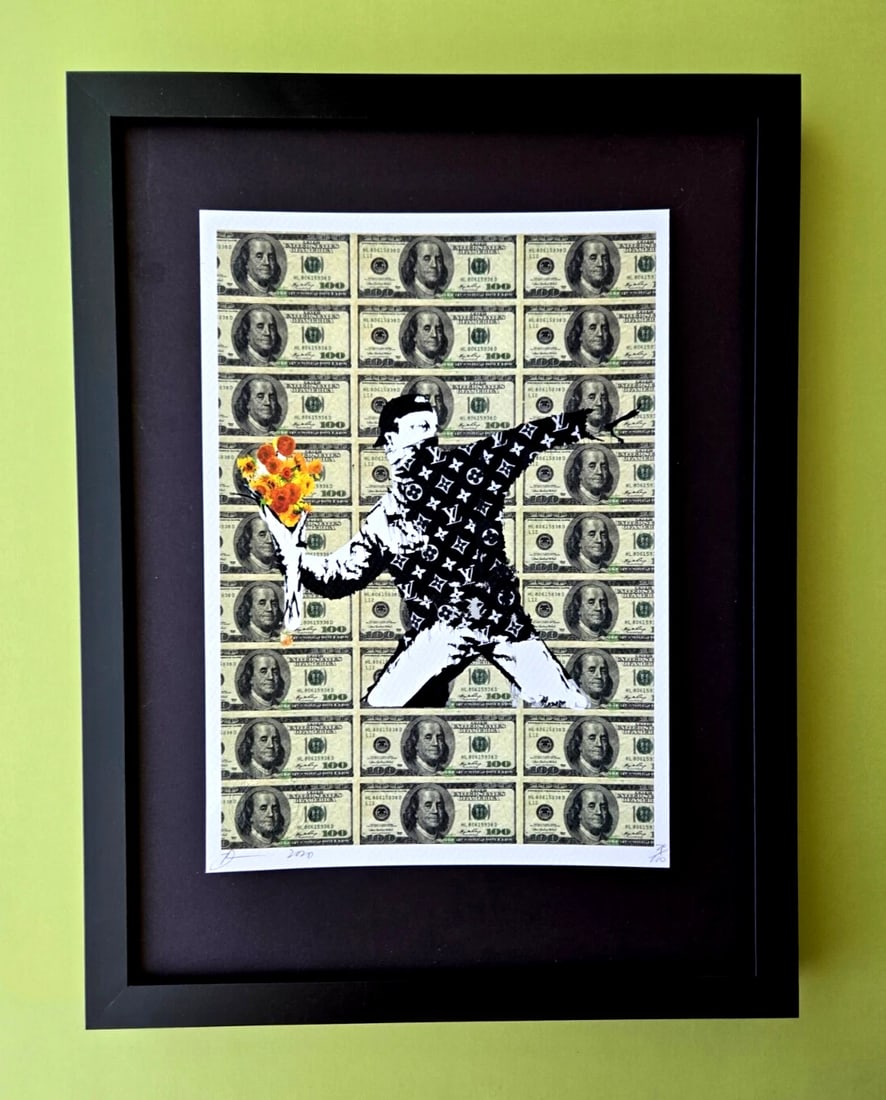 “Mari NYC Original FramedPop Art Hand Signed “ Flower Thrower Banksy Dollars" (1 of 3)