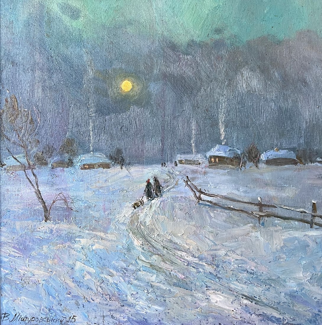 Oil painting Frosty morning V. Mishurovsky: 178 "Frosty Morning" by Viktor Myshurovsky is a serene and atmospheric depiction of a tranquil winter landscape. The painting captures a quiet, snow-covered village under the soft light of a full moon