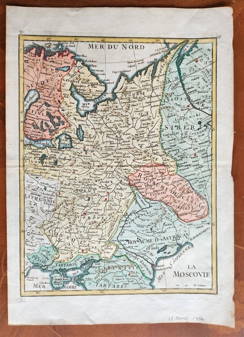 1756 MAP OF RUSSIA antique LA MOSCOVIE: LA MOSCOVIE engraved hand colored map From Le Rouge's: "Atlas nouveau portatif a l'usage des militaires, colleges et du voyageur" Paris ; 1756-1759. size (including margins) 9.5 by 13.5" Very good con