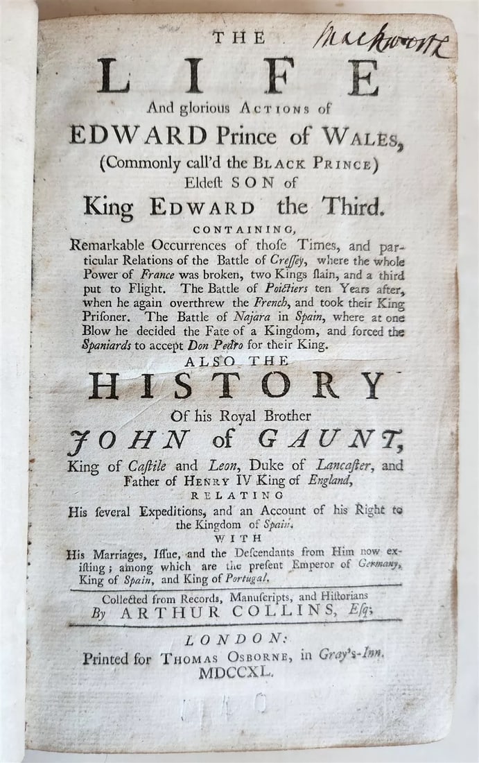 1740 LIFE & GLORIOUS ACTIONS of EDWARD PRINCE of WALES antique in ENGLISH (1 of 6)