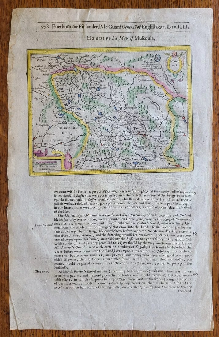 1607 MAP OF MOSCOVIA RUSSIA ANTIQUE from Mercator-Hondius Atlas HAND COLORED: MAP OF MOSCOVIA By Hondius Printed by Mercator, c. 1607 size of the leaf 8 1/4 by 13" (map 5 by 6.5") Henricus Hondius (1597-1651) was a Dutch engraver and mapmaker, a member of a prominent cartograph