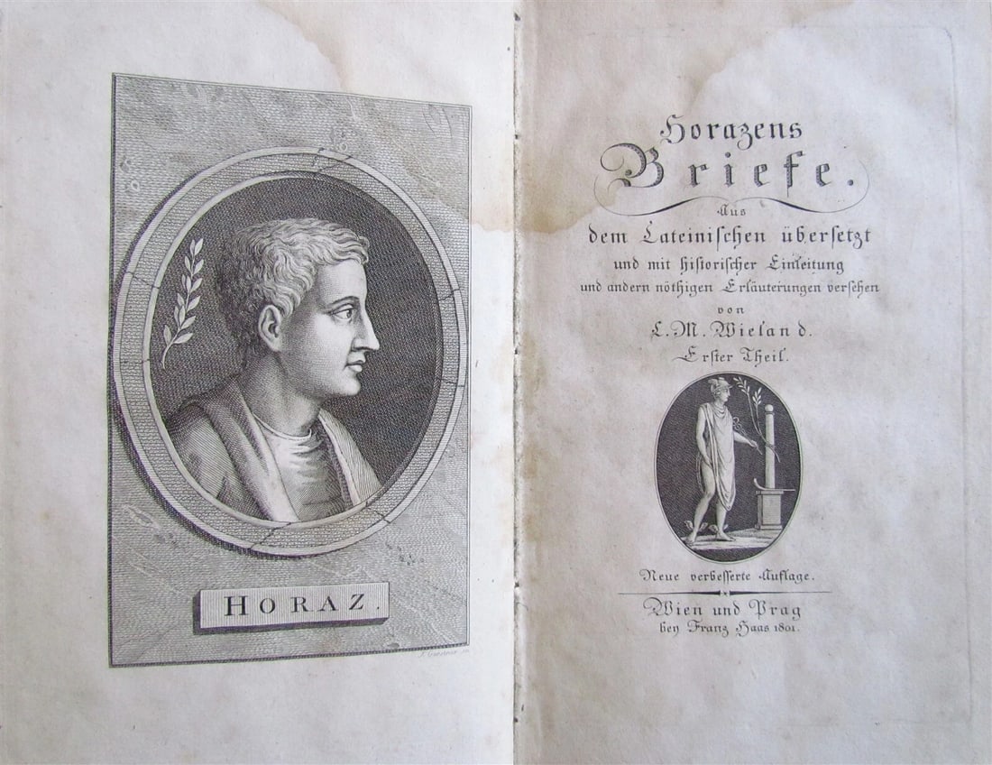 1801 HORACE WORKS in GERMAN antique: DES QUINTUS HORATIUS FLACCUS WORKS 1801 2 parts in one volume Hard bound. 371, 287 pages. Size 5 by 7 3/4" Foxing, some faded damompstains, wear of binding. Text in German Reserve: $34.00 Sh