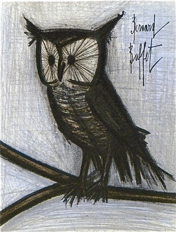 Bernard Buffet The Little Owl Original Lithograph 1967*: Artist: Bernard Buffet Country: France Title: The Little Owl Medium: Original Lithograph Marks: Signed in plate, not numbered Printed: 1967 by Fernand Mourlot France Paper: Velin Acropole 12.5 x 9.5 i