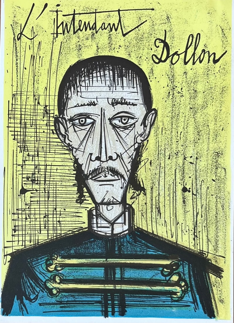 Bernard Buffet Liutenant Dollon Original Lithograph 1968: Artist: Bernard Buffet Country: France Title: Liutenant Dollon Medium: Original Lithograph Marks: Not Signed, not numbered Printed: 1968 Atelier Descilee a Tournai, France Paper: Vellum 9 x 6.5 inch