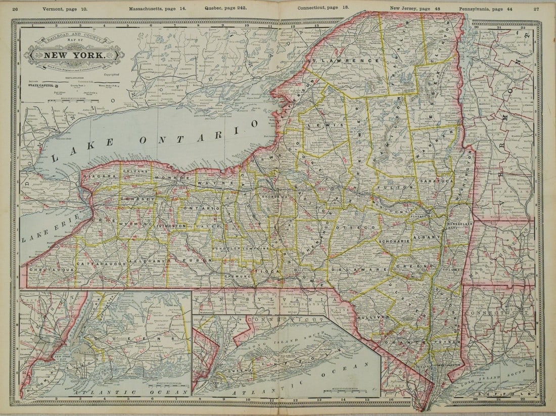 1889 Cram Map of New York -- Railroad and County Map of New York: Title: 1889 Cram Map of New York -- Railroad and County Map of New York Cartographer: G Cram Year / Place: 1889 c., Chicago Map Dimension (in.): 16.8 X 22.3 in. This is a very nice double-page map of 