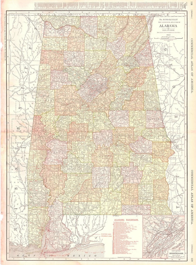 Rand-McNally New Commercial Atlas Map of Alabama: Publication Date: 1912 Title: Rand-McNally New Commercial Atlas Map of Alabama Cartographer: RAND-MCNALLY & COMPANY Publisher: RAND MCNALLY & CO. Height: 25.75 Width: 19 Pages 118-119 from the Commerc