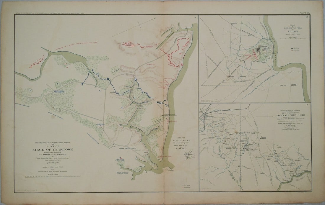 1893 Civil War Map of Siege of Yorktown, Battle of Siloh and Army of Ohio Operations -- Plan of: Title: 1893 Civil War Map of Siege of Yorktown, Battle of Siloh and Army of Ohio Operations -- Plan of Siege of Yorktown [with] Battle Field of Shiloh [with] Line of Operations of the Army of the Ohio