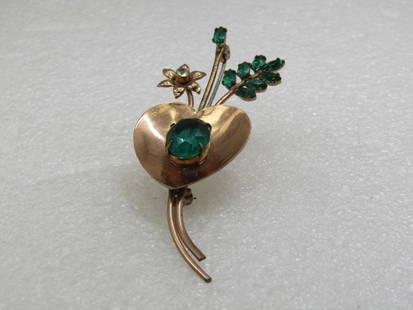 Vintage Coro Sterling Vermeil Floral Brooch, Rhinestones, 3", 1940's: Vintage Coro Sterling Vermeil Floral Brooch, Rhinestones, 3" tall and 1.25" wide. 1940's Mod design for it's time with a heart shaped slight bowl and a large green rhinestone with two stems and three