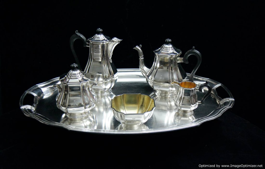 AUGUST LEROY - ART DECO 6 pc. FRENCH ANTIQUE STERLING SILVER TEA SET, 1900-1940: MUSEUM QUALITY: Title: AUGUST LEROY - ART DECO 6 pc. FRENCH ANTIQUE STERLING SILVER TEA SET, 1900-1940: MUSEUM QUALITY Description:Direct from the Paris, the Home of Art Deco, A Superb "One-of-a-Kind' 6 piece, Origin