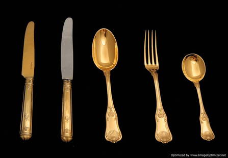 HENIN ANTIQUE FRENCH GOLD PLATED STERLING SILVER (VERMEIL) DESSERT SET LOUIS XVI: Title: HENIN ANTIQUE FRENCH GOLD PLATED STERLING SILVER (VERMEIL) DESSERT SET LOUIS XVI Description:An Amazing 108 pc., Gold Plated Sterling Silver (Vermeil) Dessert Flatware Set by one of the World's