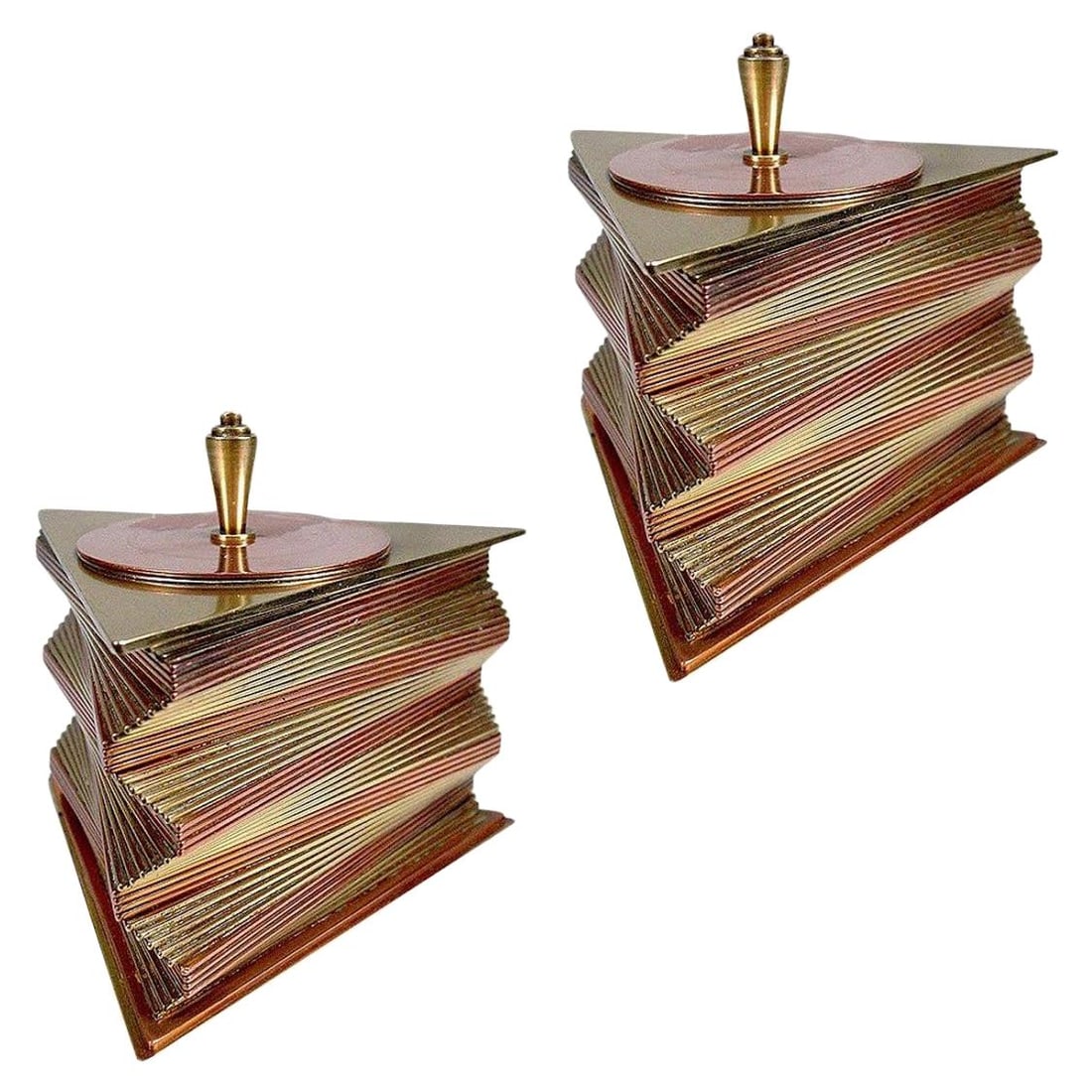 Otar Stacked Brass and Copper Box, Pair: Pair of matching rare 1935 all-original decorative boxes designed and produced by John Otar in California. These boxes feature individual triangular brass and copper plates stacked to create a spectac