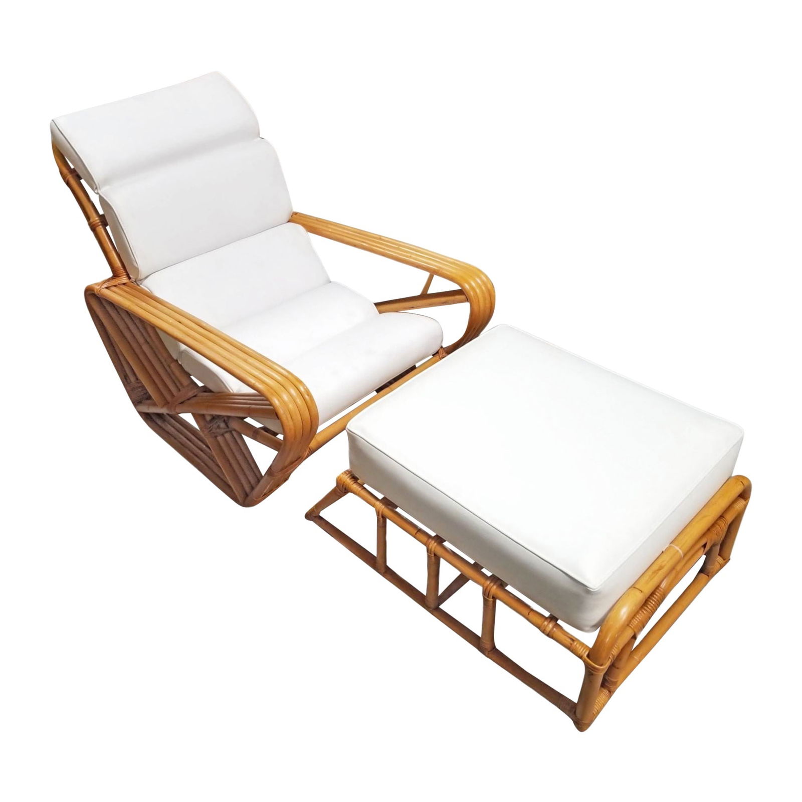 Restored Rattan Four Strand Square Pretzel Chaise Lounge Chair with Ottoman: Experience ultimate comfort and style with our meticulously restored Rattan Four Strand Square Pretzel Chaise Lounge Chair, complete with a matching ottoman. This iconic design exudes timeless eleganc