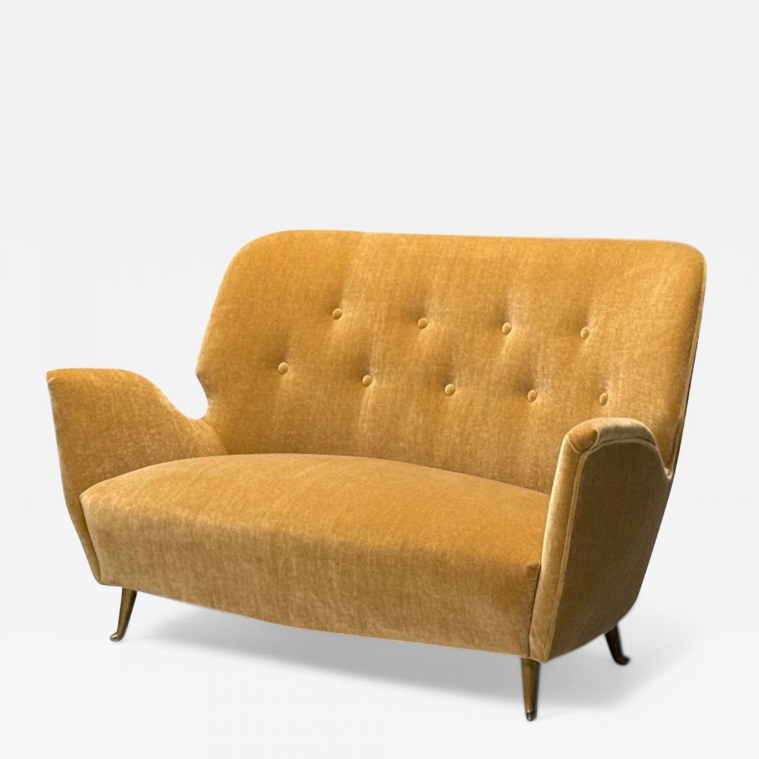 ISA Bergamo, Italian Mid-Century Modern, Bronze, Camel Mohair, Settee, 1950s: Description: ISA Bergamo, Italian Mid-Century Modern, Bronze, Camel Mohair, Settee, 1950s Modernist sofa designed and produced by ISA Bergamo in the middle of the 20th century. This example features a