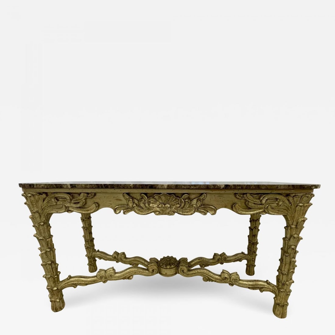 Mid Century Fleur de Lis Console, Marble, Serge Roche Style: Description: A Fleur de Lis Style Mid Century Modern Console or Sofa Table supporting a rounded front marble top. The whole supported by a finely detailed undercarriage. This finely constructed wood a
