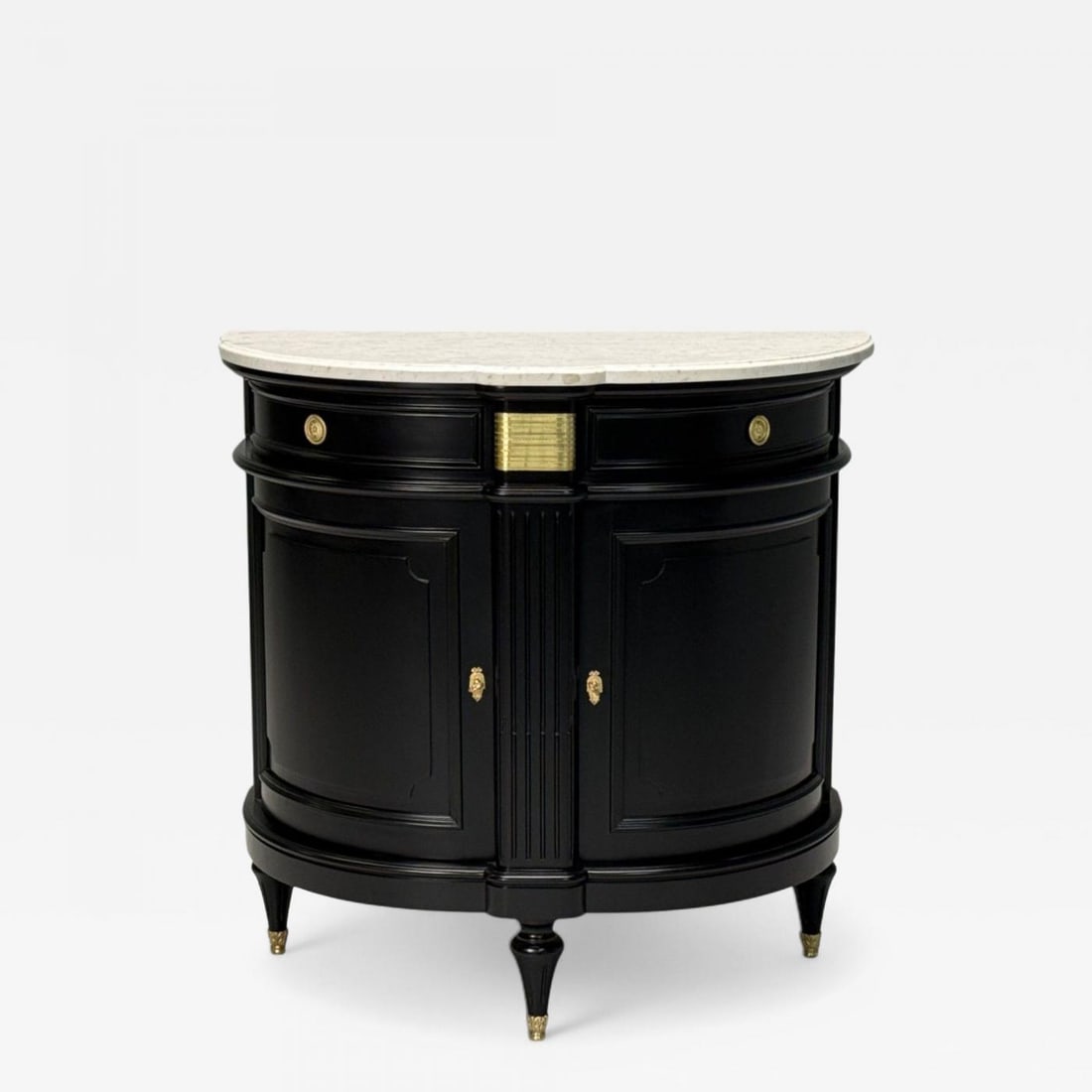 Louis XVI Style, Ebony, Bronze, Marble, Demi Lune Server, France, 1930s: Description: Hollywood Regency, Louis XVI Style, Ebony, Bronze, White Marble, Demi Lune Server, Console Table, France, 1930s A stunning Maison Jansen-inspired console or serving table in the Louis XVI