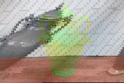 Vintage Ceramic Green Amphora Shaped Vase with Lid