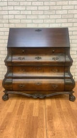 Antique Spanish Walnut Burl and Rosewood Claw Foot Drop Front Secretary Desk