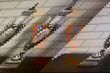 Antique French Sevres Style Hand Painted Porcelain and Brass Electrified Urns Table Lamps - Pair