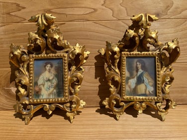 Antique Victorian Portrait on Hand-Painted Porcelain Plaque in a Carved Gilt Wood Frame - Set of 2
