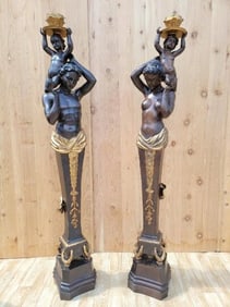 Antique French Monumental Gilt and Patinated Bronze Figural Electrified Torchiere Lamps - Pair