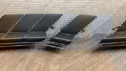 Art Deco Chrome Tubular Sofa & Lounge Chair Set in Black Leather- Set of 2