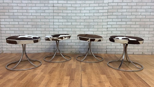 Mid Century Modern Avard Style Swivel Base Stools Newly Upholstered in Cowhide - Set of 4