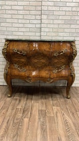 Vintage French Louis XV Style Bombe Commode Chest with Green Marble Style Top