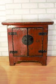Antique Authentic Chinese Red Lacquer Kang 2 Door Cabinet