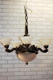 Antique Neoclassical Ornate Figural North Wind Frosted Etched Glass Lamp Shade Chandelier