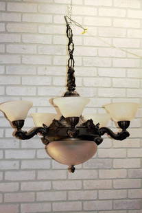 Antique Neoclassical Ornate Figural North Wind Frosted Etched Glass Lamp Shade Chandelier: Vintage from before 2000 Antique Neoclassical Ornate Figural Bronze North Wind Faced 5 Arm Frosted Etched Glass Lamp Shade Chandelier Circa Early 20th Century As is! Dimentions H 34”W 31”D