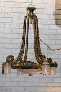 Antique French Belle Epoque Gilded Floral Motiff Etched Crystal Lamp Shades Chandelier: Vintage from the 1910s Materials: Metal Antique French Belle Epoque Gilded Ornate Bronze Floral Motiff 4 Hanging Etched Crystal Lamp Shades Chandelier Circa 1910-1920’s Dimensions H 30” (m