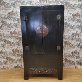 Antique Shanxi Province Elm Cabinet with Hand Carved Apron