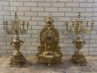 Antique Victorian Ornate Mantel Clock and 2 Candelabras - Garniture Set