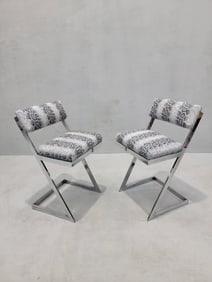 Mid Century Modern Milo Baughman DIA Chrome Z Flat-Bar Vanity Stools Newly Upholstered in Leather-