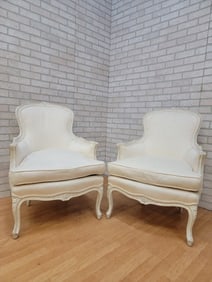 Antique French Provincial Rustic Distressed White Carved Frame Bergere Chairs - Pair
