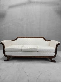 Antique Duncan Phyfe Carved Mahogany Parlor Sofa Upholstered in White Patterned Silk Blend
